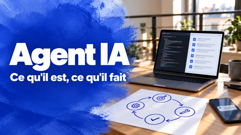 « Agent IA » sur un aplat de peinture bleue, à côté d’un ordinateur portable ouvert sur une liste de tâches et d’une feuille où une boucle est dessinée au feutre bleu.