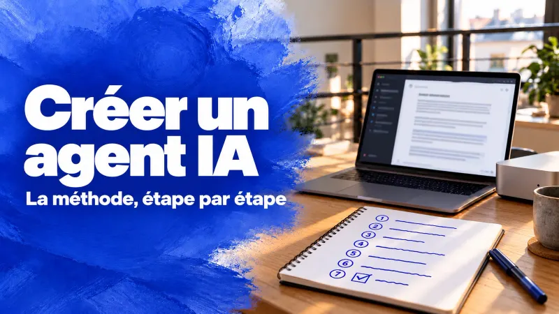 « Créer un agent IA » sur un aplat de peinture bleue, à côté d’un ordinateur portable ouvert sur une consigne écrite et d’un carnet où sept étapes sont notées au feutre bleu.