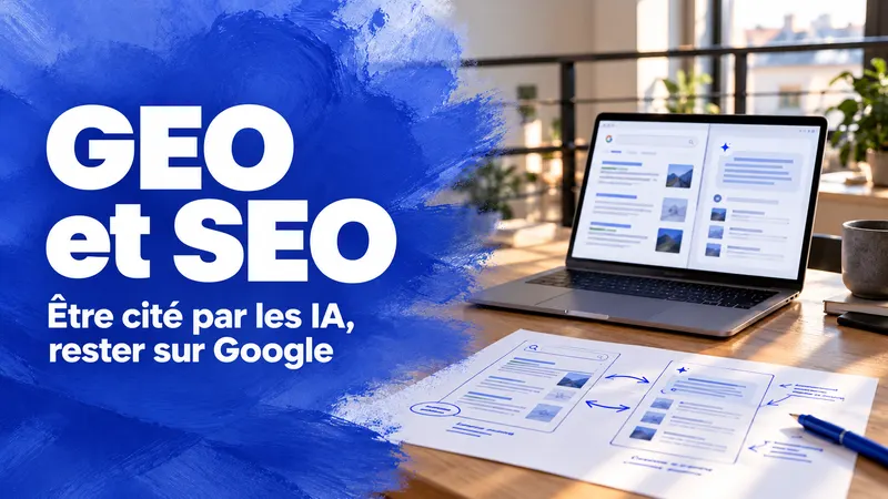 « GEO et SEO » sur un aplat de peinture bleue, à côté d’un ordinateur portable ouvert sur une page de résultats et d’une réponse d’assistant, avec des notes au feutre bleu.