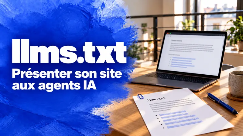 « llms.txt, présenter son site aux agents IA » sur un aplat de peinture bleue, à côté d’une feuille imprimée qui porte un titre, un court résumé et une liste de liens, devant un ordinateur portable.