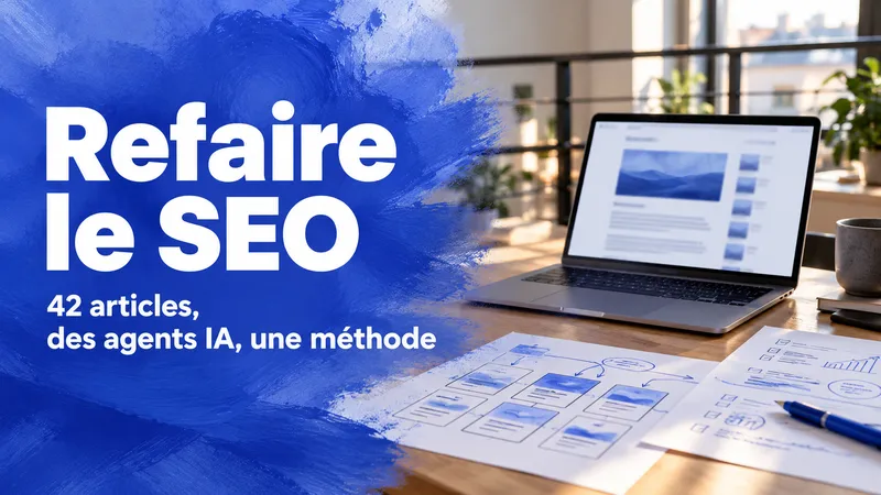 « Refaire le SEO » sur un aplat de peinture bleue, à côté d’un ordinateur portable ouvert sur un article de blog et de feuilles de schémas annotés au feutre bleu.