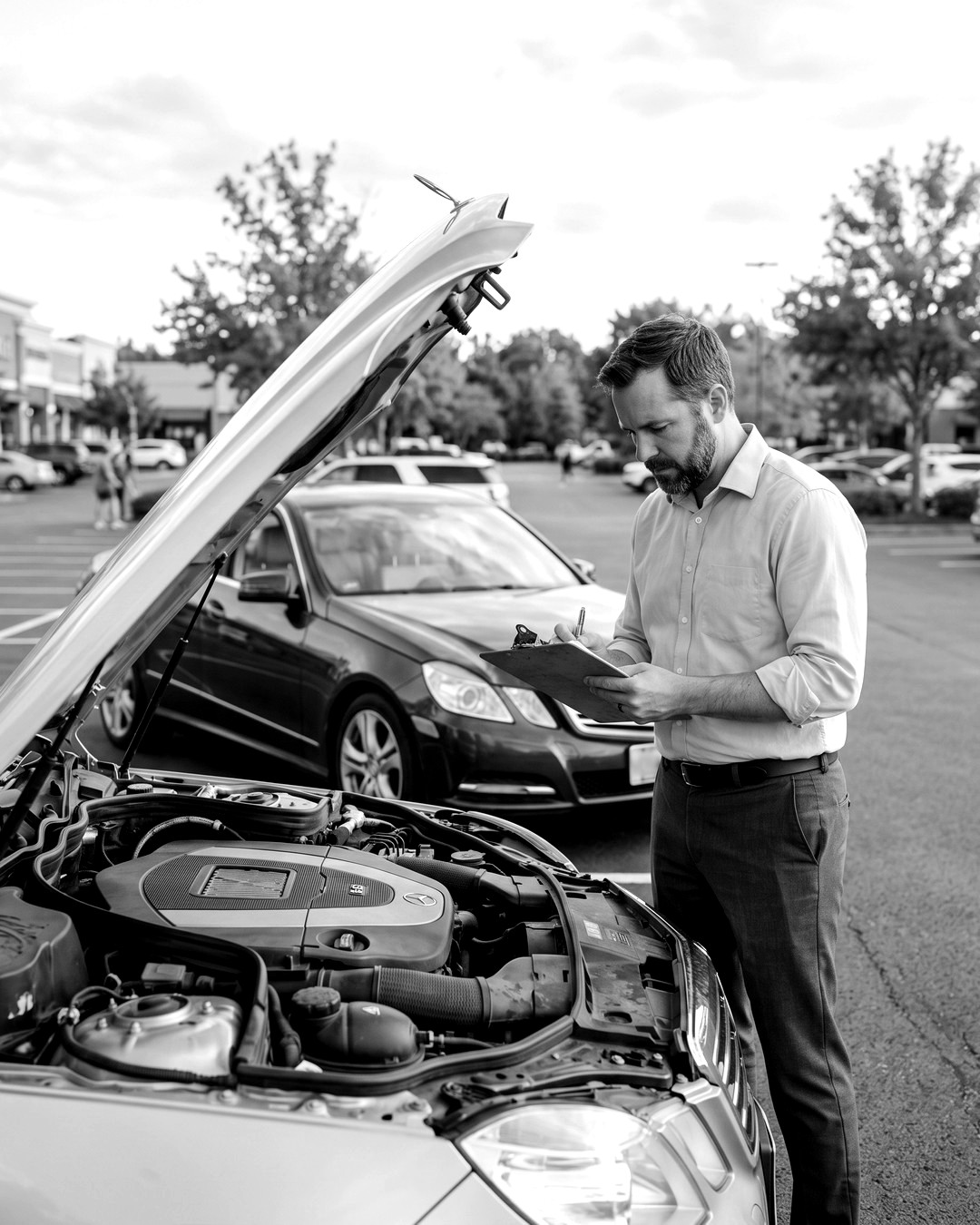 Expert Certicar inspectant une voiture d'occasion, capot ouvert