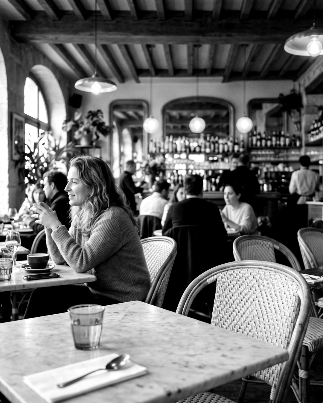 Cliente attablée dans un café-restaurant parisien Poupino