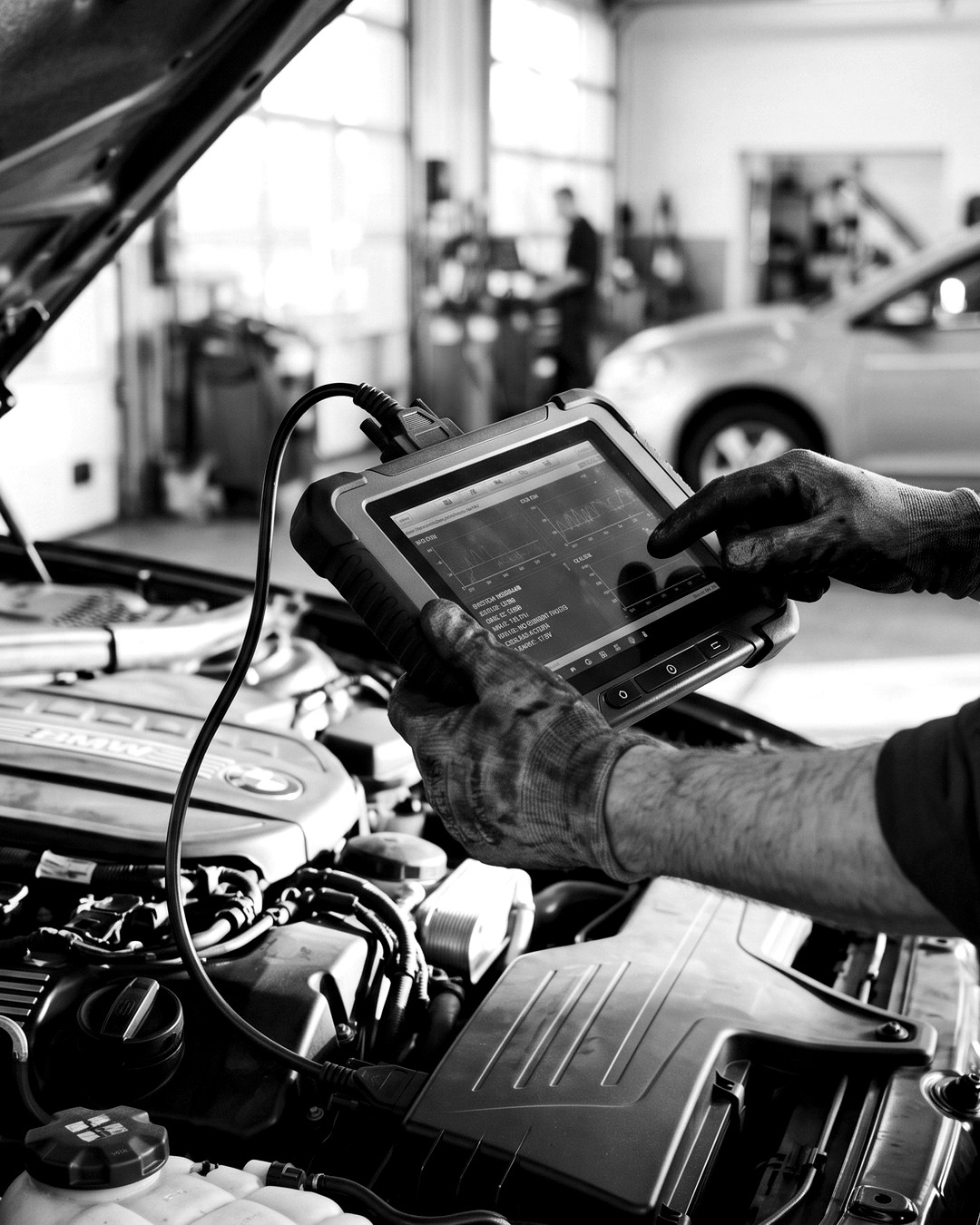 Technicien SmartSafe avec un boîtier de diagnostic sur un moteur
