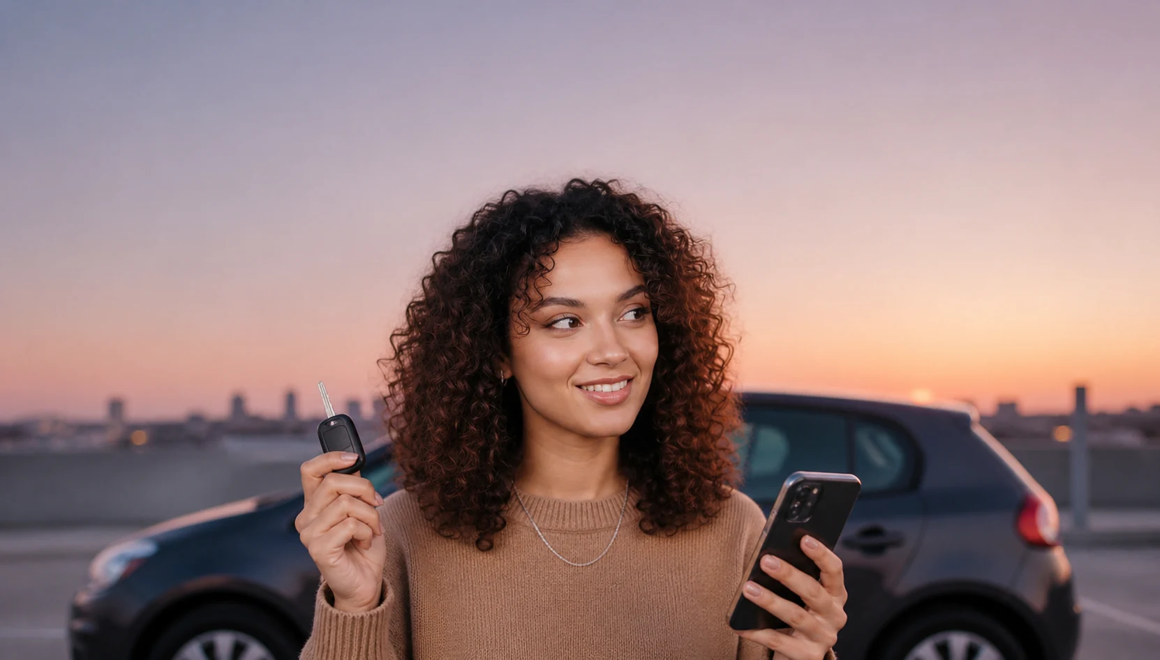 Conductrice avec les clés de sa voiture et son téléphone